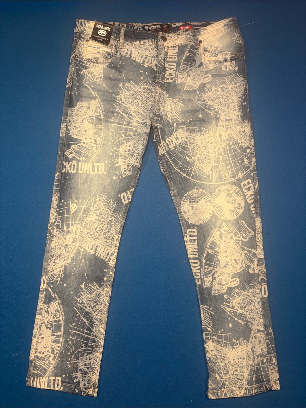 Ecko Unlimited Men's Denim Jeans with White Graphic Map Print